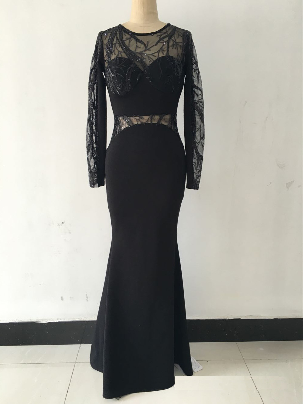 W25044  2016 New Arrival Sexy Long Sleeve Lace Black Maxi Dress